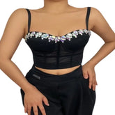 Solid Color Crystal Embellished Mesh Push Up Crop Corset
